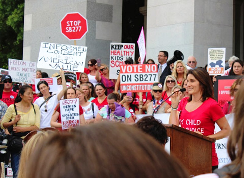 Brandy Vaughan giving a speech at the SB277 rally in California