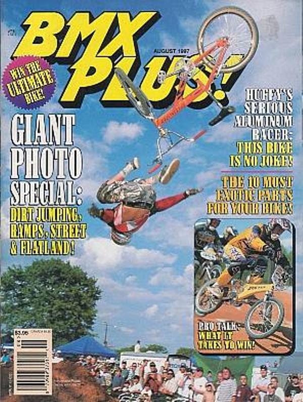 TJ Lavin on the cover of the August issue of BMX Plus!  review (1997)