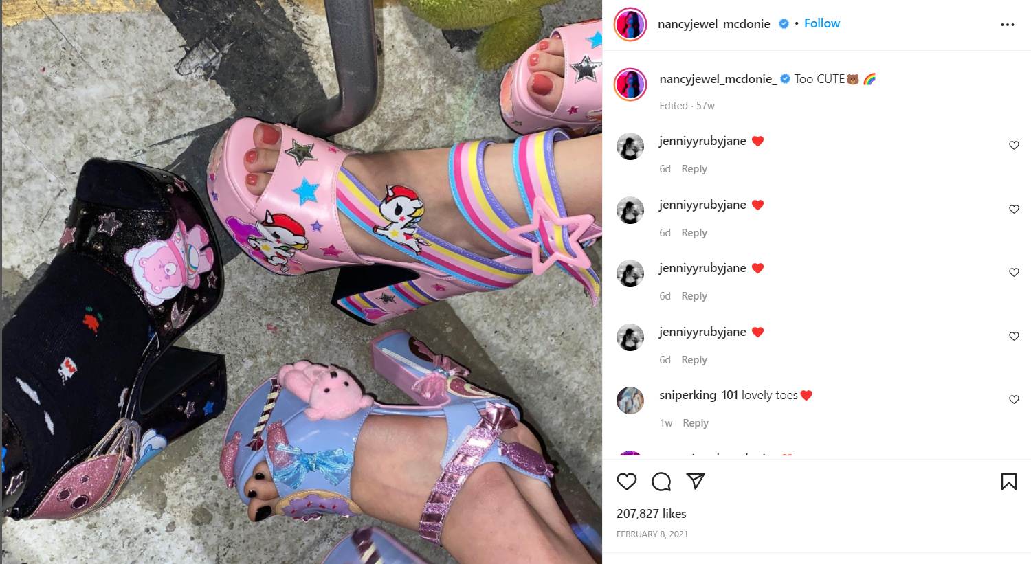 A picture of unicorn shoes that Nancy owns