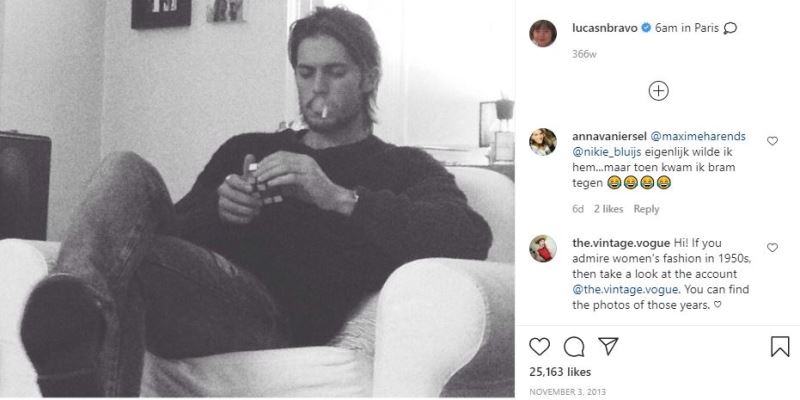 An Instagram post by Lucas Bravo showing him smoking