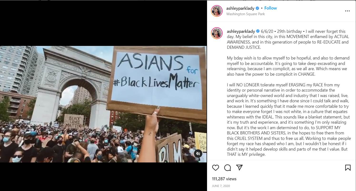 Ashley Park's post on Instagram about the Black Lives Matter movement