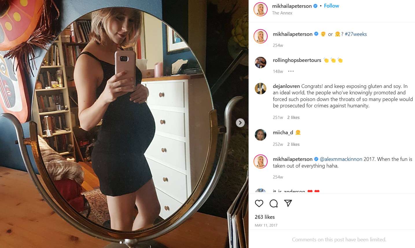 Mikhaila Peterson posted a photo of her pregnancy