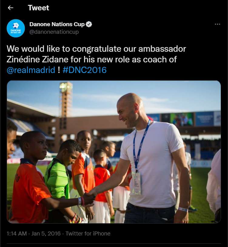 Danone Nations Cup's post on Twitter about Zinedine Zidane being the ambassador