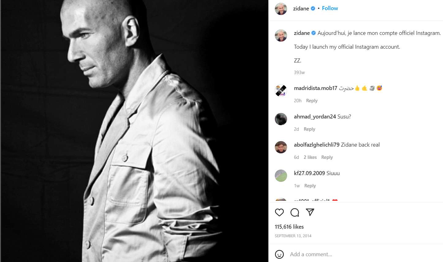 Zinedine Zidane's first post on Instagram