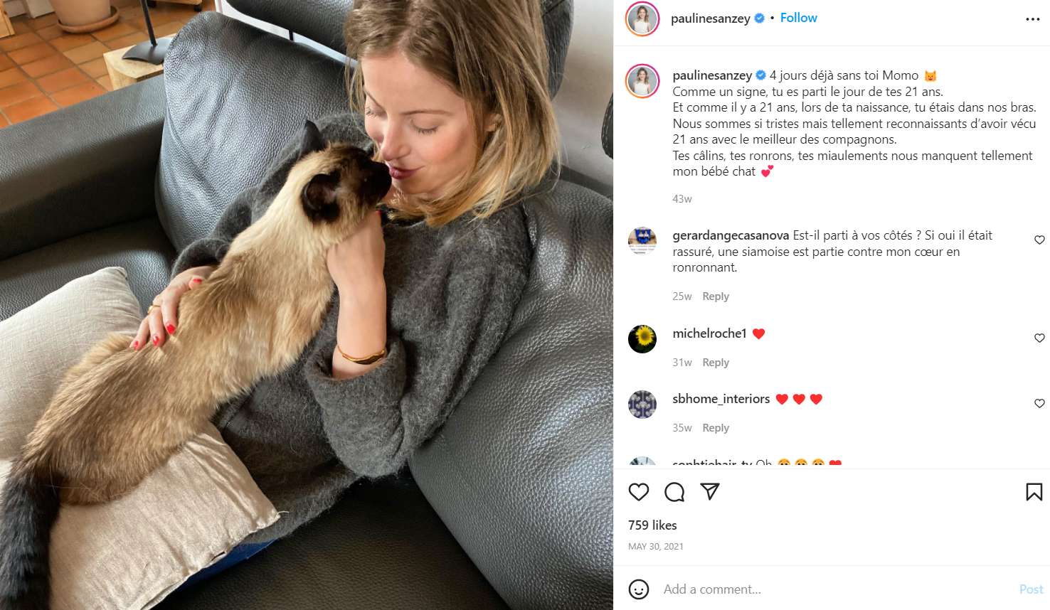Pauline Sanzey posted about her pet cat on her Insta profile