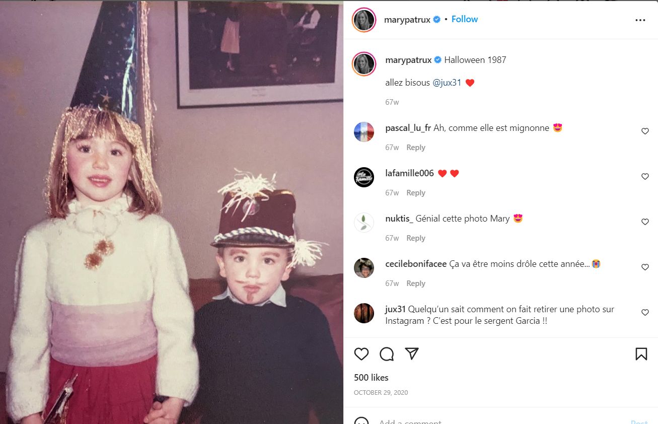 An Instagram post of Mary Patrux with her brother during their childhood