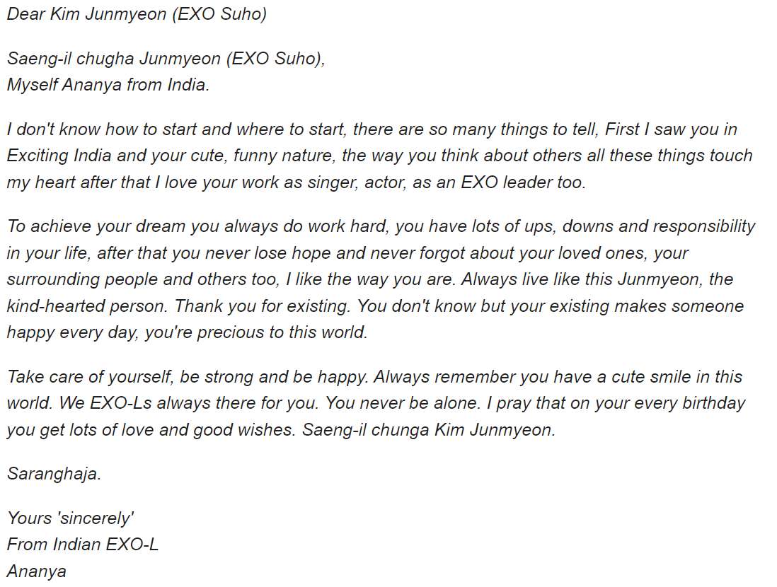 A fan mail for Suho's birthday