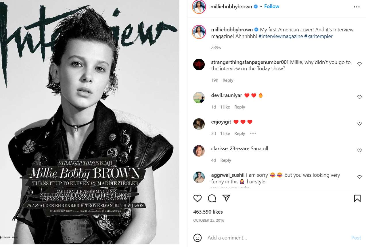 Millie Bobby Brown's first post on Instagram